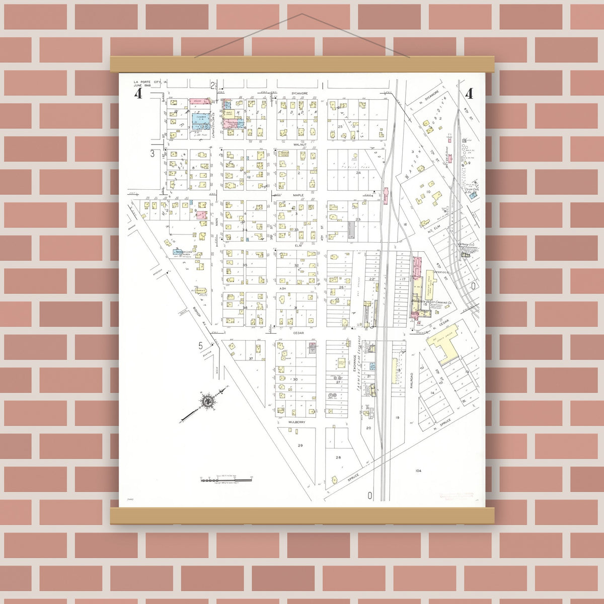 Old map wall art mockup — magnetic wood frame on brick wall — Sanborn Fire Insurance Map from La Porte City, Black Hawk County, Iowa (1948), Sheet #0004