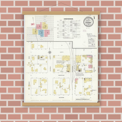 Old map wall art mockup — magnetic wood frame on brick wall — Sanborn Fire Insurance Map from Giddings, Lee County, Texas (1912), Sheet #0001