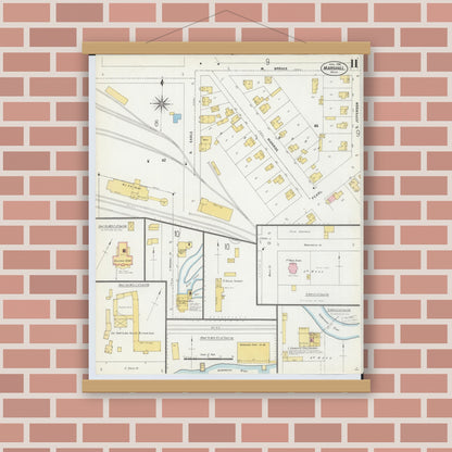 Old map wall art mockup — magnetic wood frame on brick wall — Sanborn Fire Insurance Map from Marshall, Calhoun County, Michigan (1906), Sheet #0011
