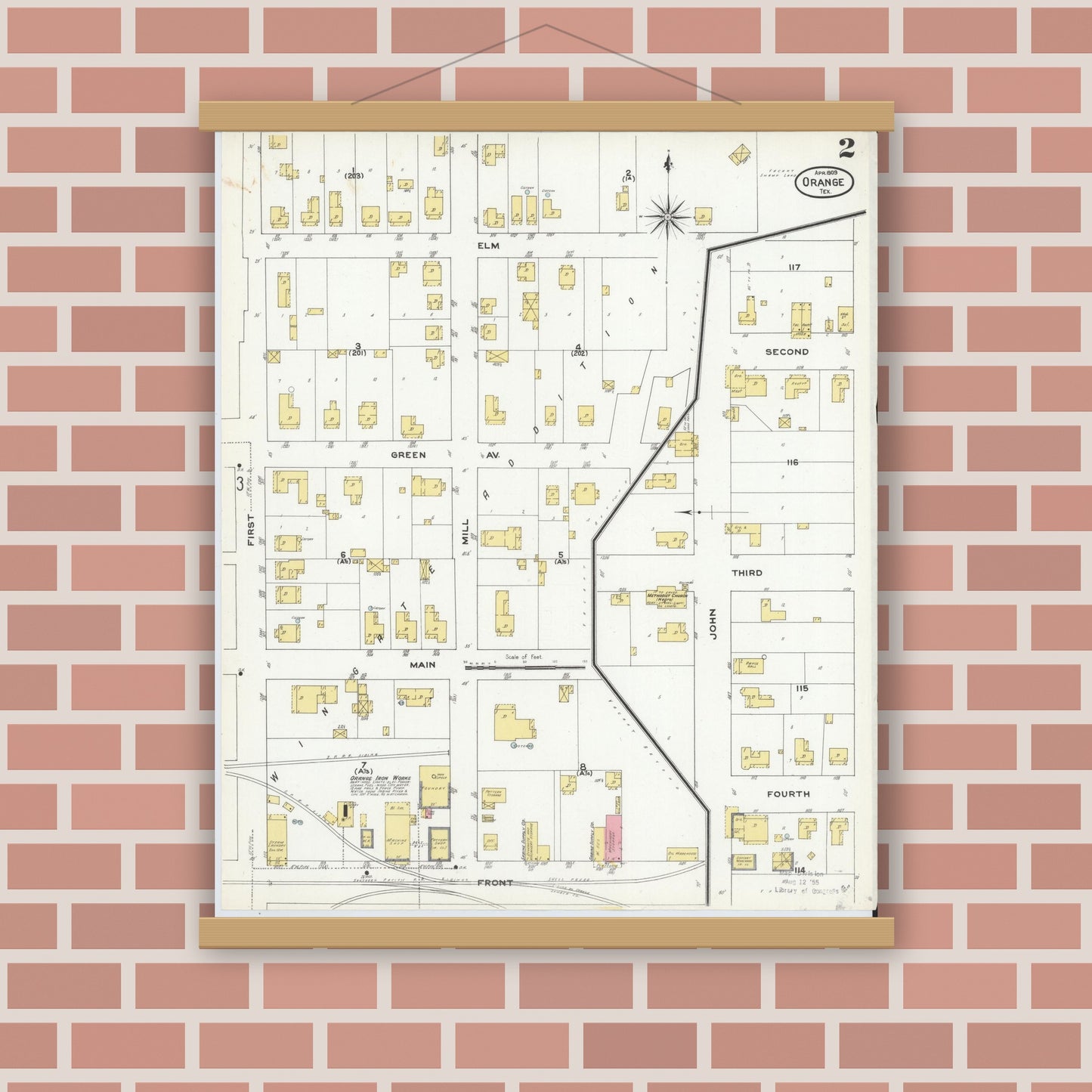 Old map wall art mockup — magnetic wood frame on brick wall — Sanborn Fire Insurance Map from Orange, Orange County, Texas (1909), Sheet #0002