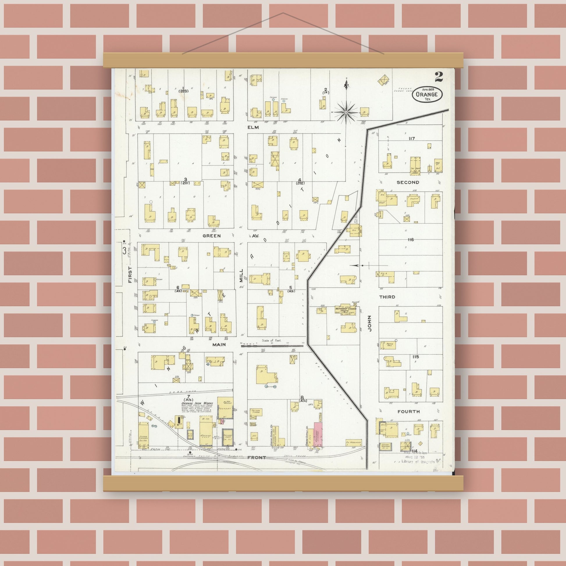 Old map wall art mockup — magnetic wood frame on brick wall — Sanborn Fire Insurance Map from Orange, Orange County, Texas (1909), Sheet #0002