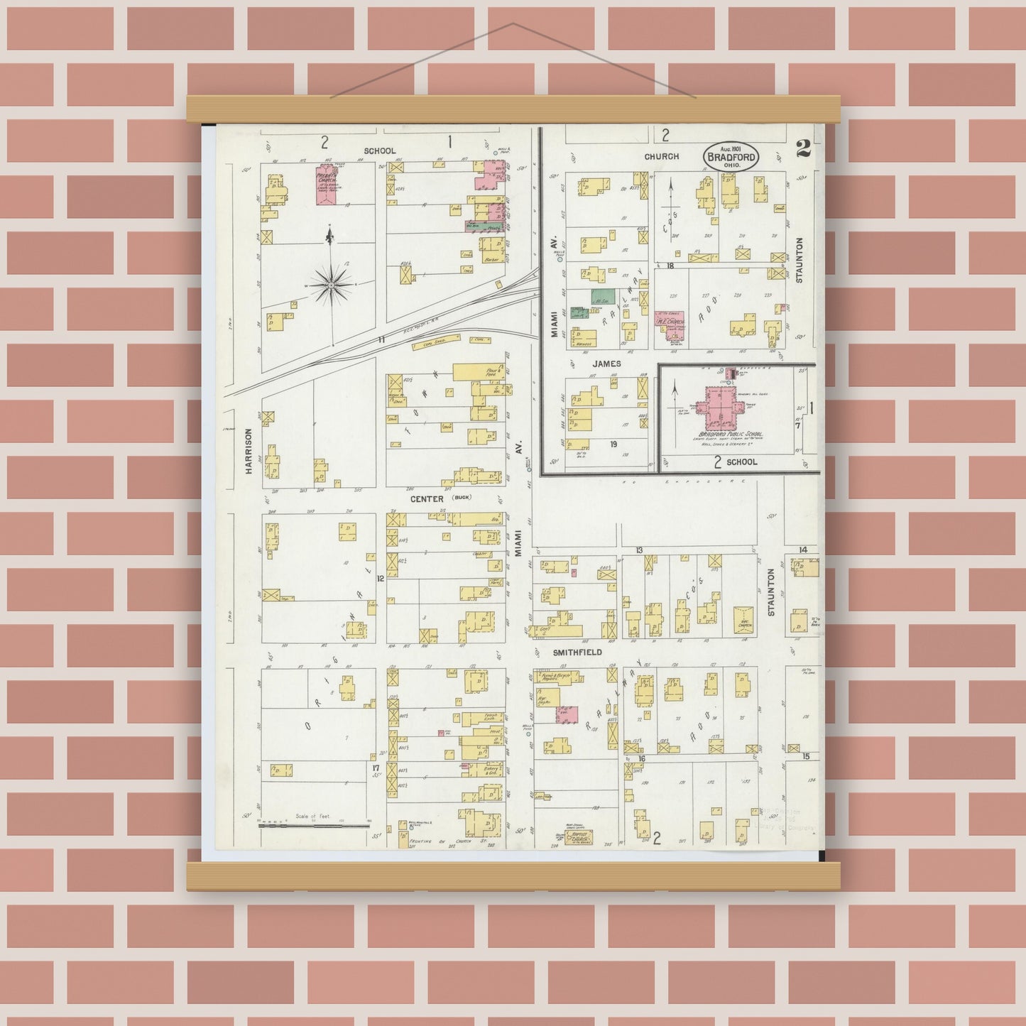 Old map wall art mockup — magnetic wood frame on brick wall — Sanborn Fire Insurance Map from Bradford, Darke and Miami Counties, Ohio (1901), Sheet #0002
