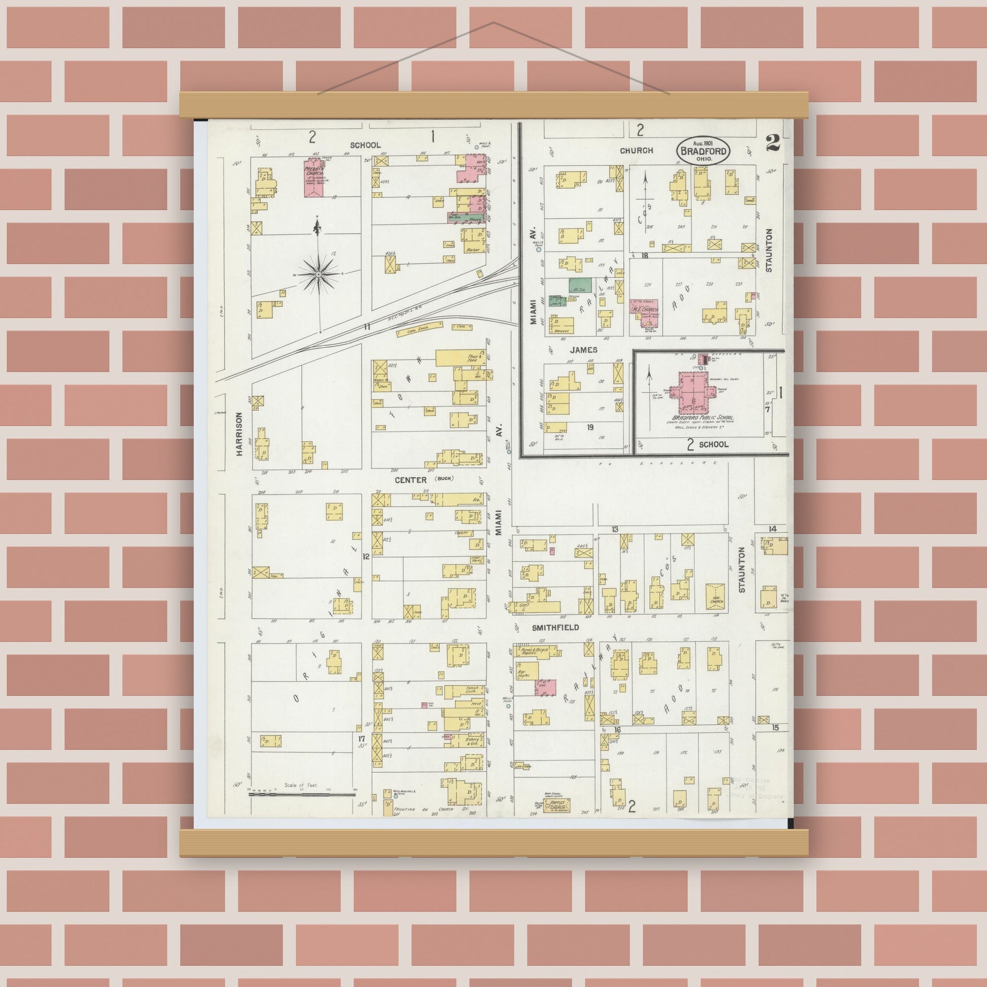 Old map wall art mockup — magnetic wood frame on brick wall — Sanborn Fire Insurance Map from Bradford, Darke and Miami Counties, Ohio (1901), Sheet #0002
