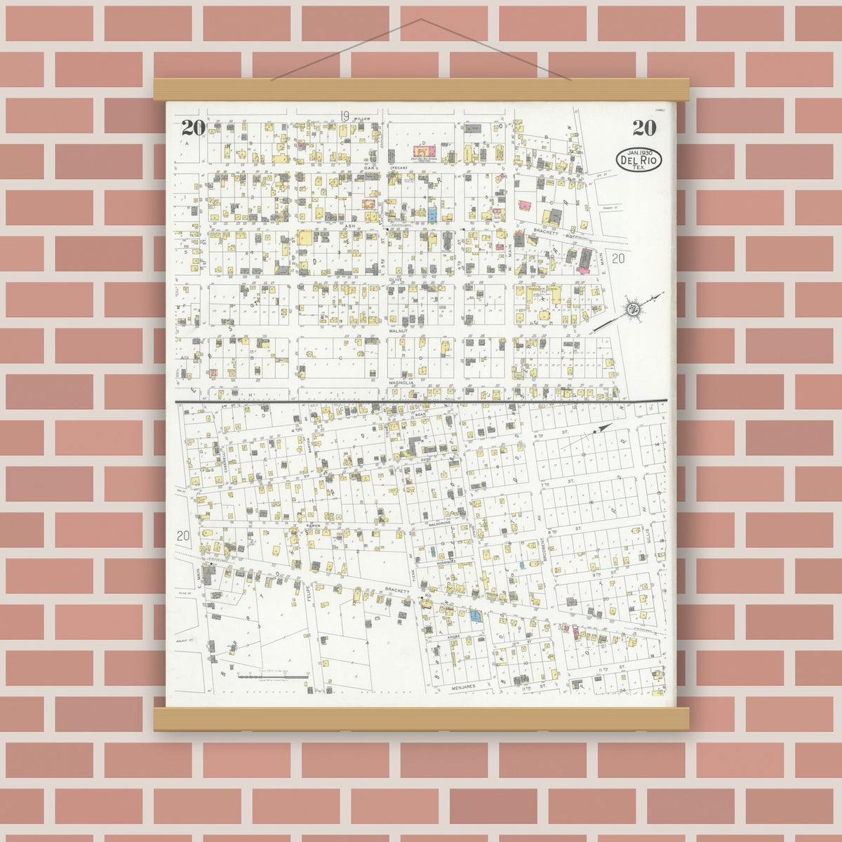 Old map wall art mockup — magnetic wood frame on brick wall — Sanborn Fire Insurance Map from Del Rio, Val Verde County, Texas (1930), Sheet #0020