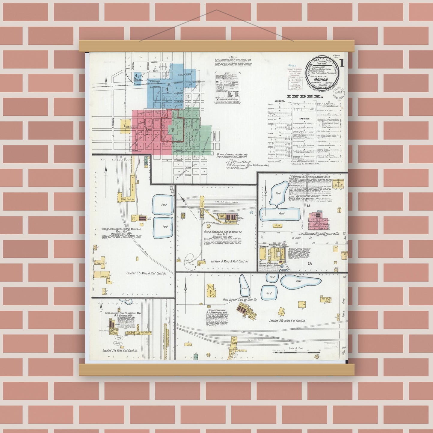 Old map wall art mockup — magnetic wood frame on brick wall — Sanborn Fire Insurance Map from Marion, Williamson County, Illinois (1900), Sheet #0003