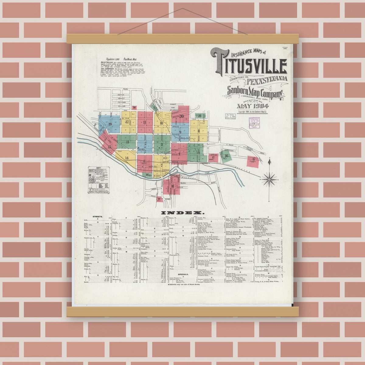 Old map wall art mockup — magnetic wood frame on brick wall — Sanborn Fire Insurance Map from Titusville, Crawford County, Pennsylvania (1904), Sheet #0001