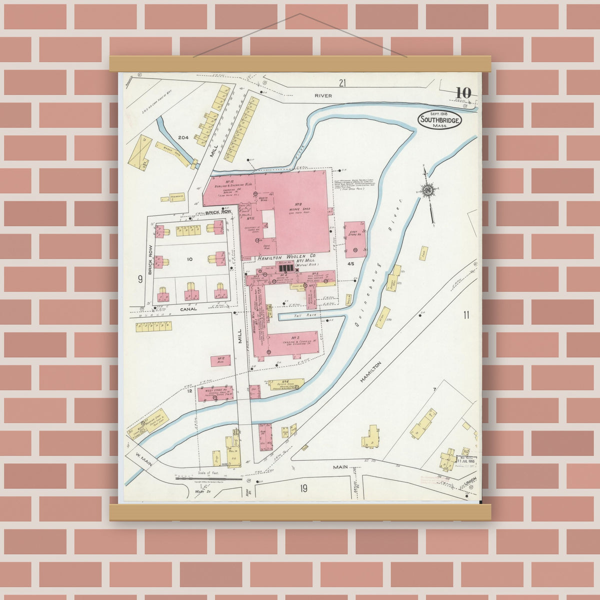 Old map wall art mockup — magnetic wood frame on brick wall — Sanborn Fire Insurance Map from Southbridge, Worcester County, Massachusetts (1918), Sheet #0010