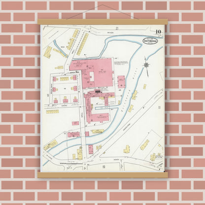 Old map wall art mockup — magnetic wood frame on brick wall — Sanborn Fire Insurance Map from Southbridge, Worcester County, Massachusetts (1918), Sheet #0010