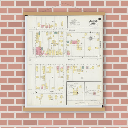 Old map wall art mockup — magnetic wood frame on brick wall — Sanborn Fire Insurance Map from Newark, Licking County, Ohio (1893), Sheet #0019