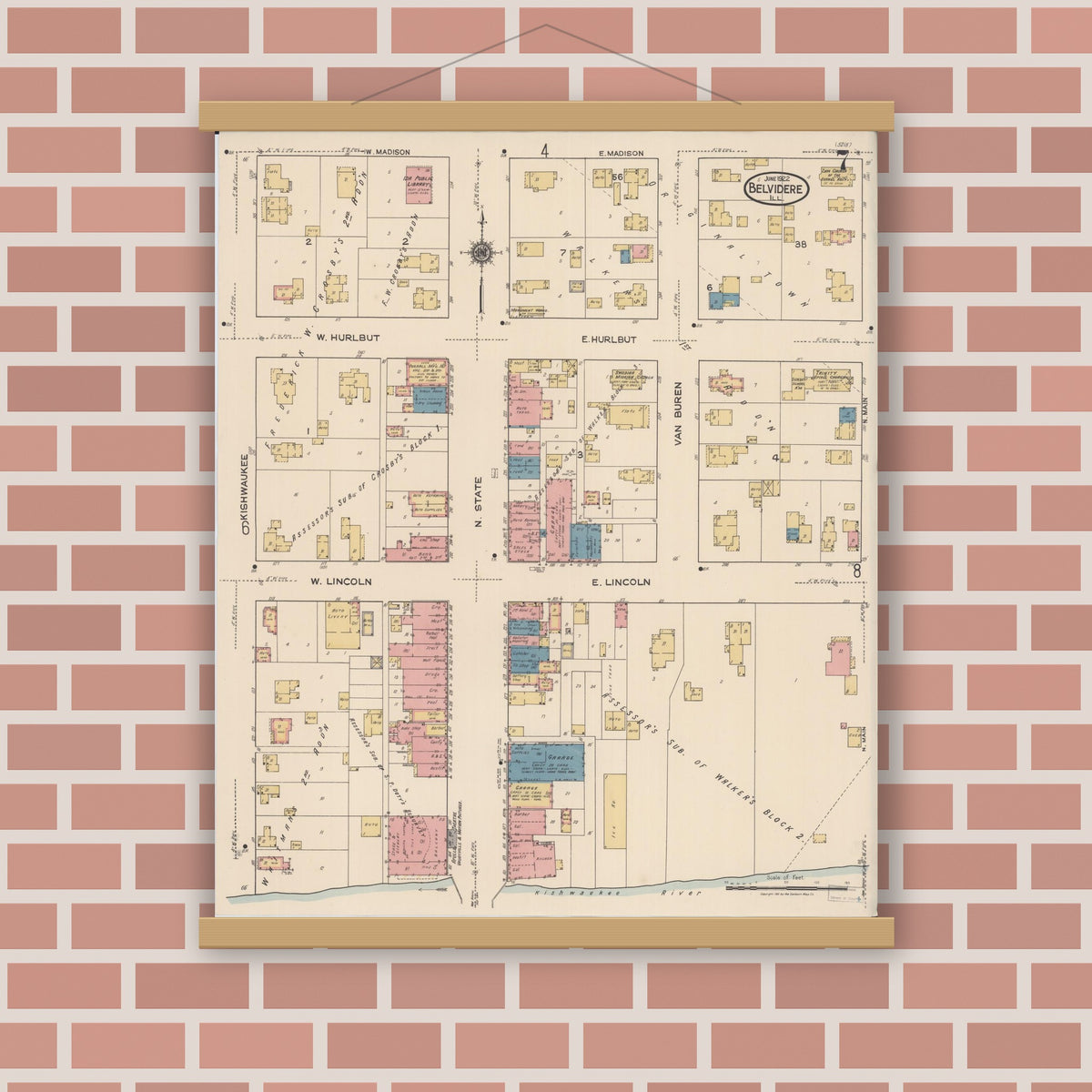 Old map wall art mockup — magnetic wood frame on brick wall — Sanborn Fire Insurance Map from Belvidere, Boone County, Illinois (1922), Sheet #0007