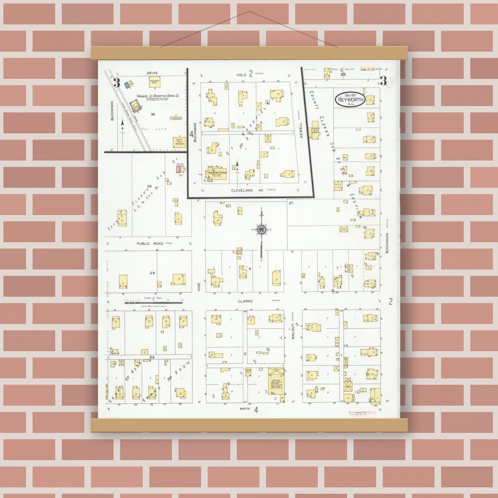 Old map wall art mockup — magnetic wood frame on brick wall — Sanborn Fire Insurance Map from Heyworth, McLean County, Illinois (1927), Sheet #0003