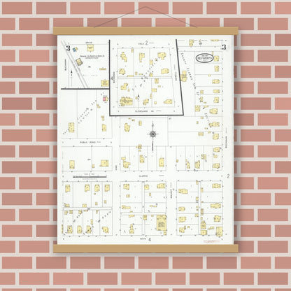 Old map wall art mockup — magnetic wood frame on brick wall — Sanborn Fire Insurance Map from Heyworth, McLean County, Illinois (1927), Sheet #0003