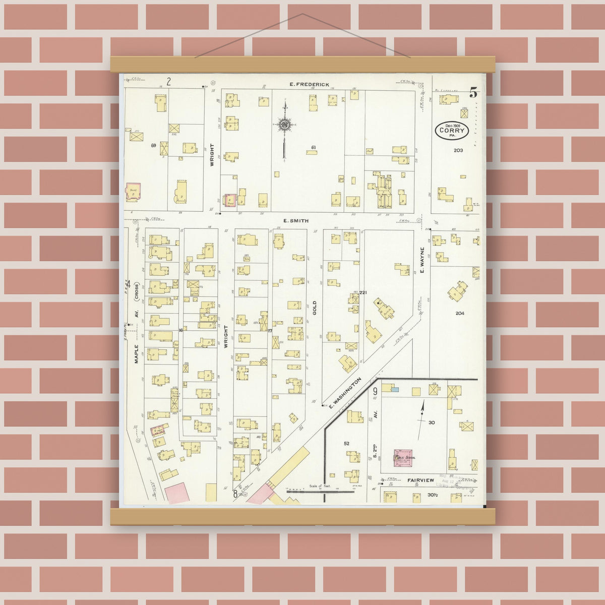 Old map wall art mockup — magnetic wood frame on brick wall — Sanborn Fire Insurance Map from Corry, Erie County, Pennsylvania (1909), Sheet #0005