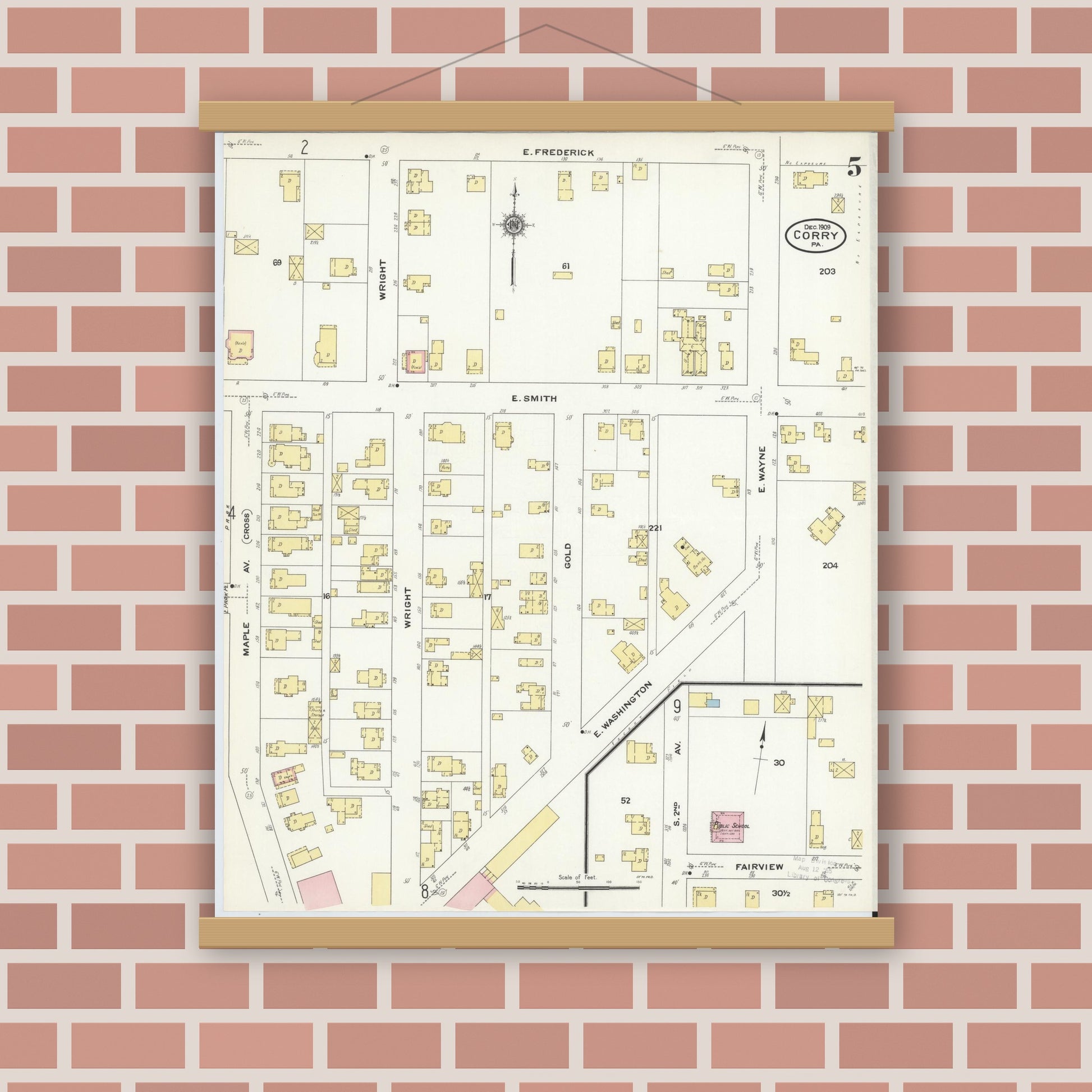 Old map wall art mockup — magnetic wood frame on brick wall — Sanborn Fire Insurance Map from Corry, Erie County, Pennsylvania (1909), Sheet #0005