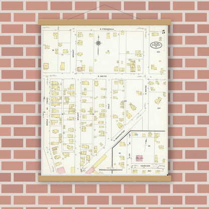 Old map wall art mockup — magnetic wood frame on brick wall — Sanborn Fire Insurance Map from Corry, Erie County, Pennsylvania (1909), Sheet #0005
