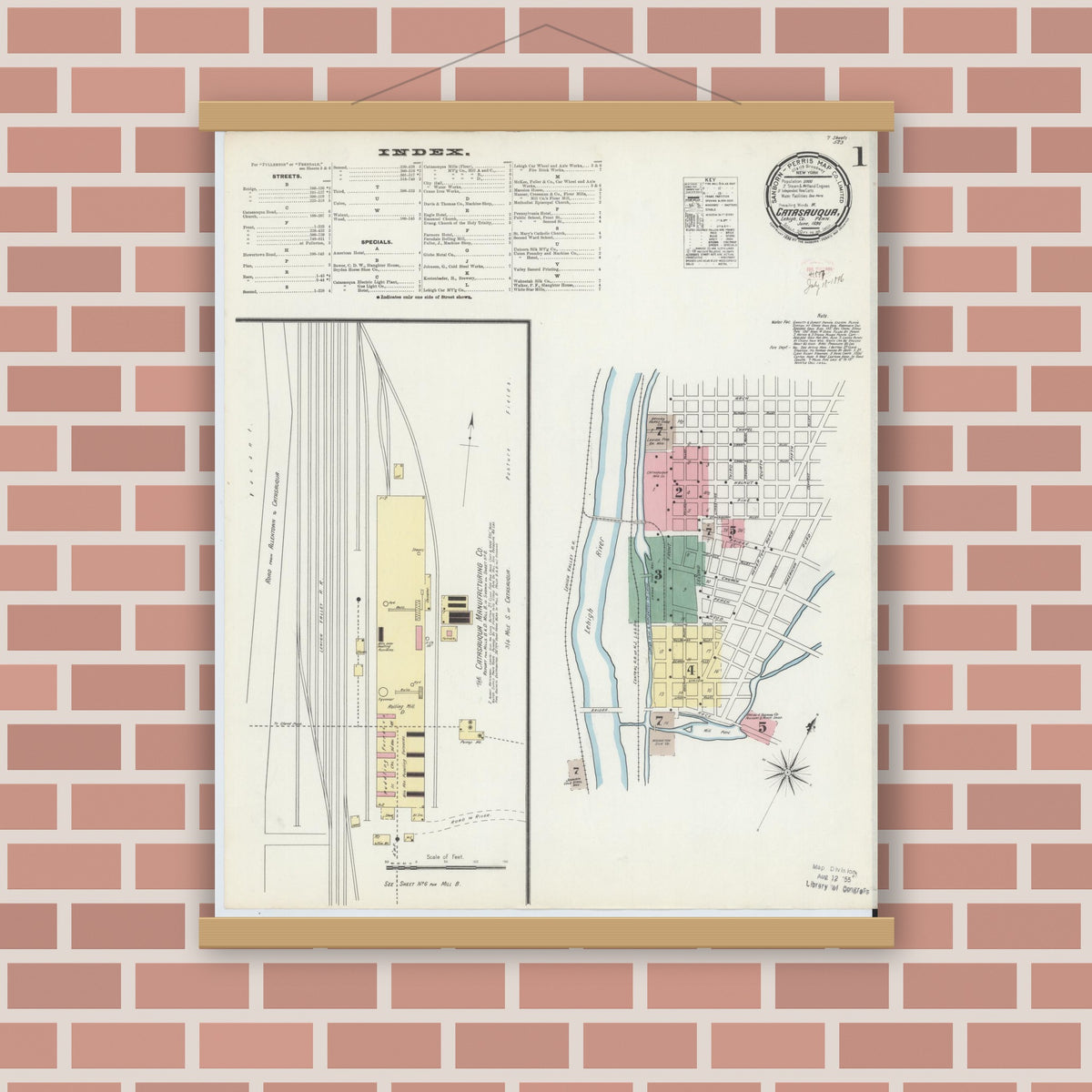 Old map wall art mockup — magnetic wood frame on brick wall — Sanborn Fire Insurance Map from Catasauqua, Lehigh County, Pennsylvania (1896), Sheet #0001
