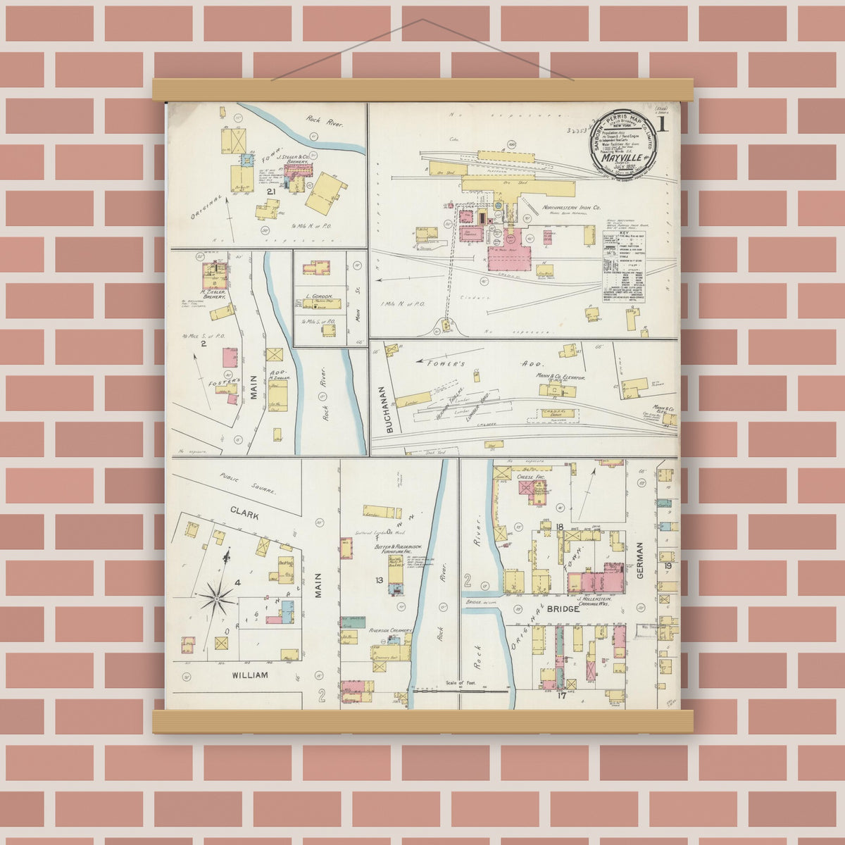 Old map wall art mockup — magnetic wood frame on brick wall — Sanborn Fire Insurance Map from Mayville, Dodge County, Wisconsin (1892), Sheet #0001