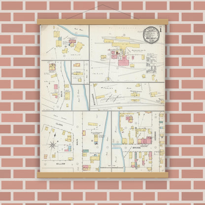 Old map wall art mockup — magnetic wood frame on brick wall — Sanborn Fire Insurance Map from Mayville, Dodge County, Wisconsin (1892), Sheet #0001