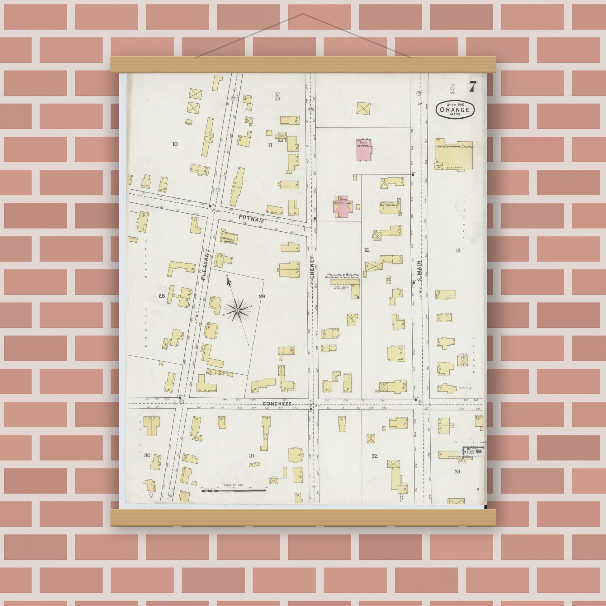 Old map wall art mockup — magnetic wood frame on brick wall — Sanborn Fire Insurance Map from Orange, Franklin County, Massachusetts (1895), Sheet #0007