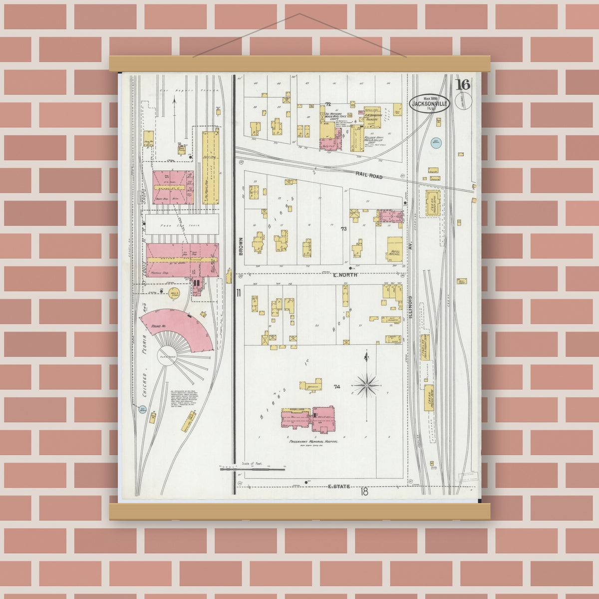 Old map wall art mockup — magnetic wood frame on brick wall — Sanborn Fire Insurance Map from Jacksonville, Morgan County, Illinois (1899), Sheet #0016