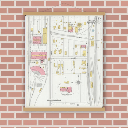 Old map wall art mockup — magnetic wood frame on brick wall — Sanborn Fire Insurance Map from Jacksonville, Morgan County, Illinois (1899), Sheet #0016