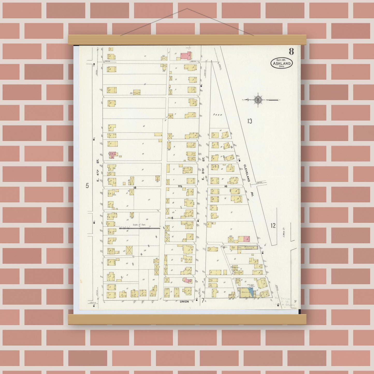 Old map wall art mockup — magnetic wood frame on brick wall — Sanborn Fire Insurance Map from Ashland, Ashland County, Ohio (1911), Sheet #0008