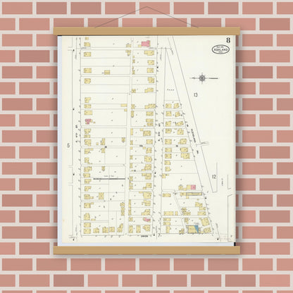 Old map wall art mockup — magnetic wood frame on brick wall — Sanborn Fire Insurance Map from Ashland, Ashland County, Ohio (1911), Sheet #0008