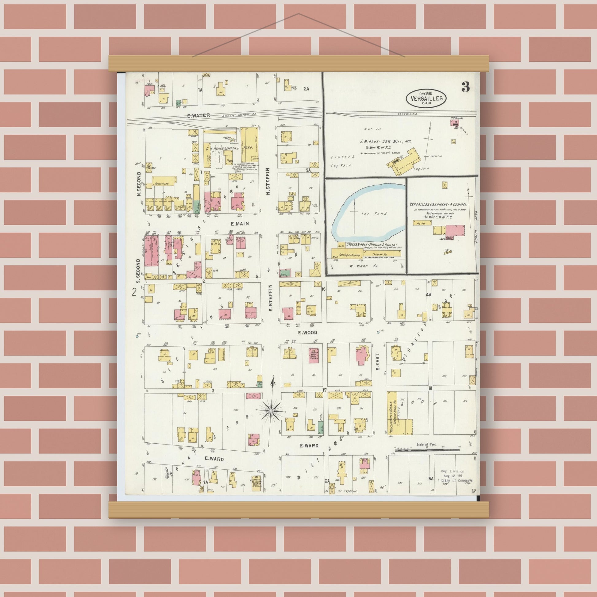 Old map wall art mockup — magnetic wood frame on brick wall — Sanborn Fire Insurance Map from Versailles, Darke County, Ohio (1898), Sheet #0003
