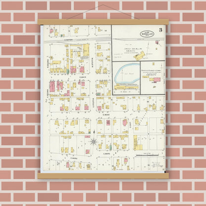 Old map wall art mockup — magnetic wood frame on brick wall — Sanborn Fire Insurance Map from Versailles, Darke County, Ohio (1898), Sheet #0003