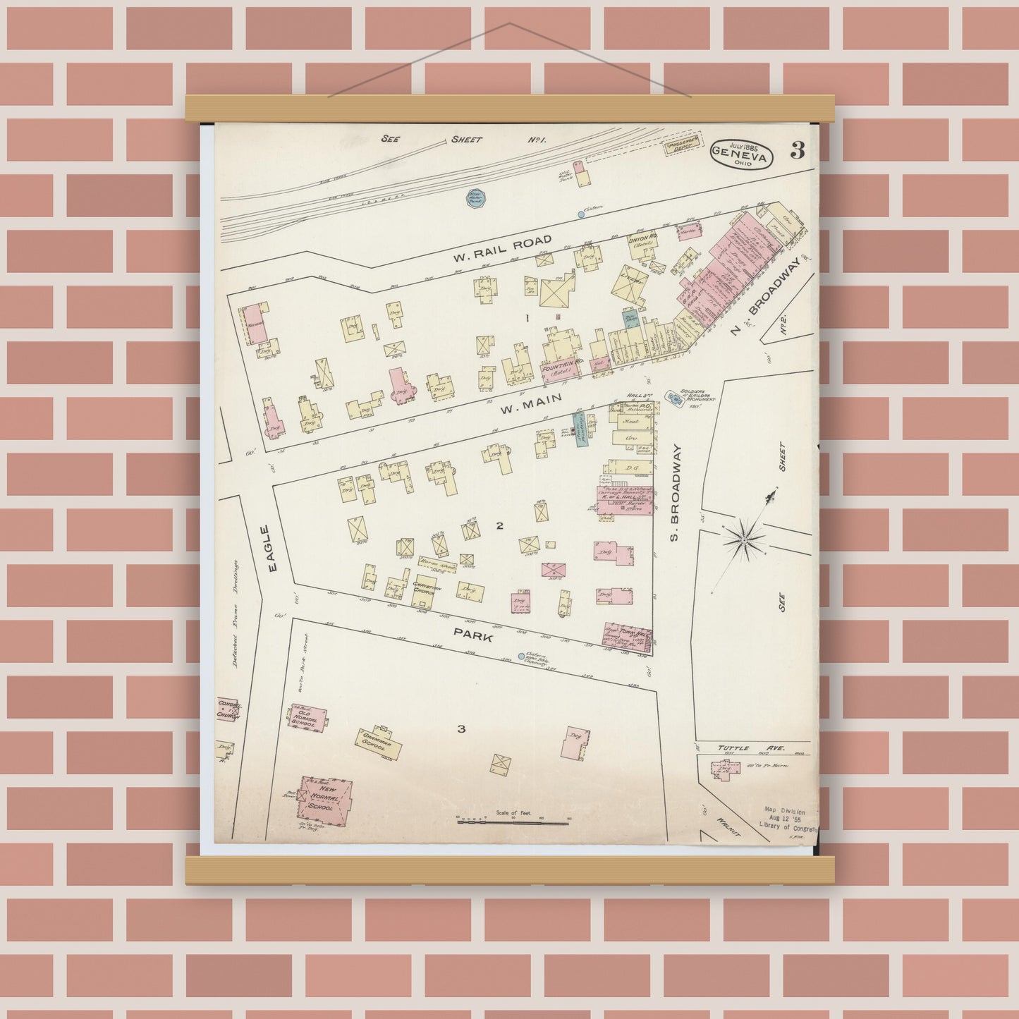 Old map wall art mockup — magnetic wood frame on brick wall — Sanborn Fire Insurance Map from Geneva, Ashtabula County, Ohio (1885), Sheet #0003