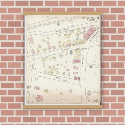 Old map wall art mockup — magnetic wood frame on brick wall — Sanborn Fire Insurance Map from Geneva, Ashtabula County, Ohio (1885), Sheet #0003