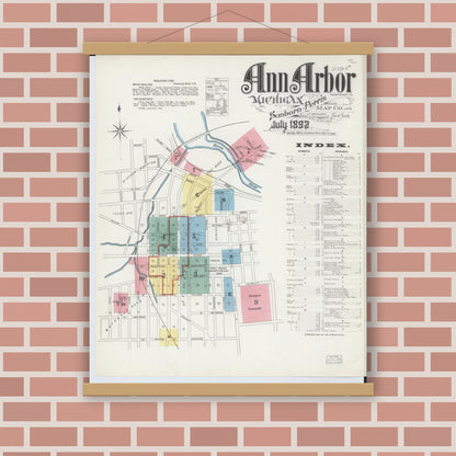 Old map wall art mockup — magnetic wood frame on brick wall — Sanborn Fire Insurance Map from Ann Arbor, Washtenaw County, Michigan (1892), Sheet #0001