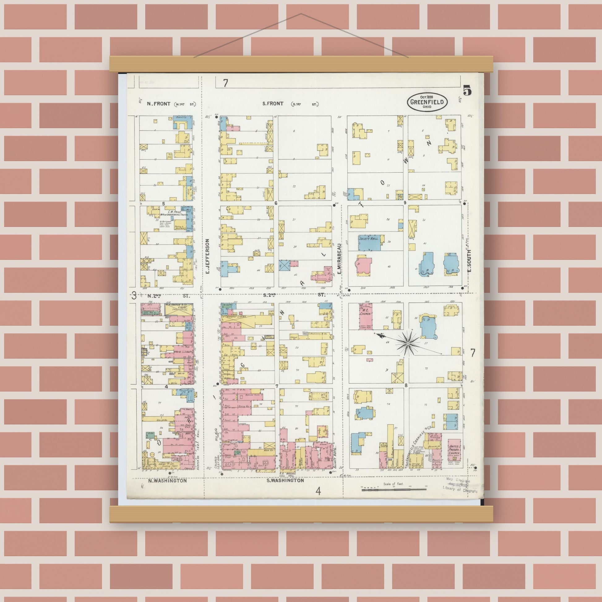 Old map wall art mockup — magnetic wood frame on brick wall — Sanborn Fire Insurance Map from Greenfield, Highland County, Ohio (1899), Sheet #0005