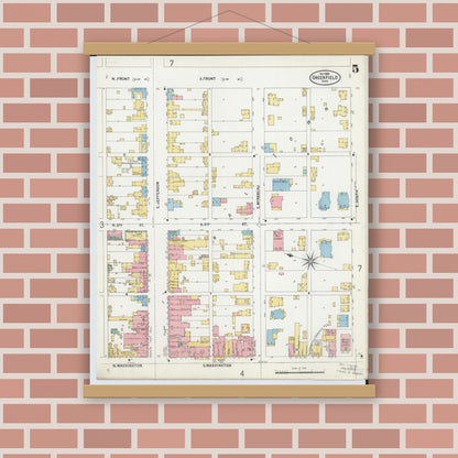 Old map wall art mockup — magnetic wood frame on brick wall — Sanborn Fire Insurance Map from Greenfield, Highland County, Ohio (1899), Sheet #0005