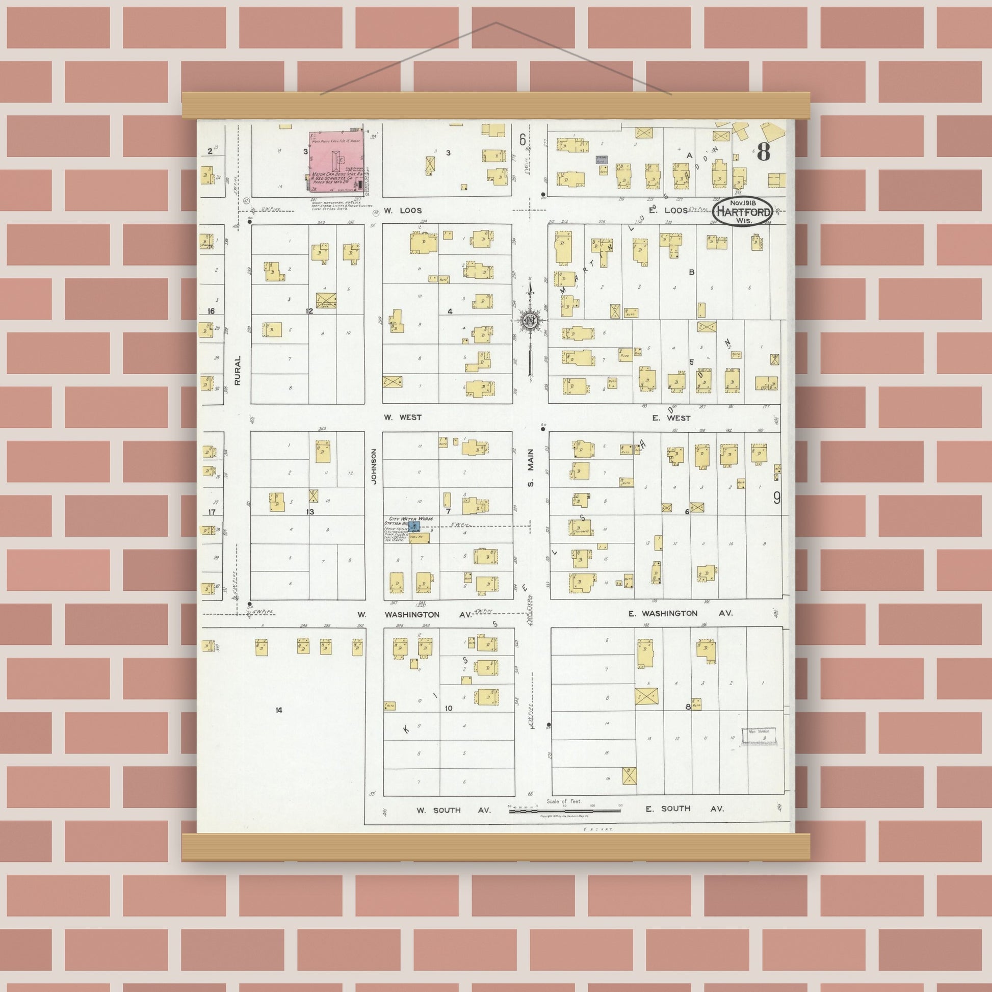 Old map wall art mockup — magnetic wood frame on brick wall — Sanborn Fire Insurance Map from Hartford, Washington County, Wisconsin (1918), Sheet #0008