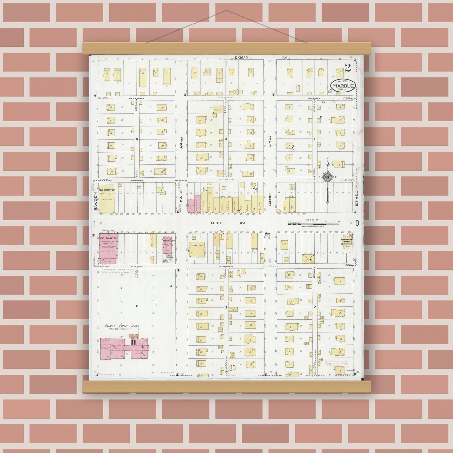 Old map wall art mockup — magnetic wood frame on brick wall — Sanborn Fire Insurance Map from Marble, Itasca County, Minnesota (1921), Sheet #0002