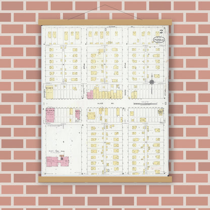 Old map wall art mockup — magnetic wood frame on brick wall — Sanborn Fire Insurance Map from Marble, Itasca County, Minnesota (1921), Sheet #0002