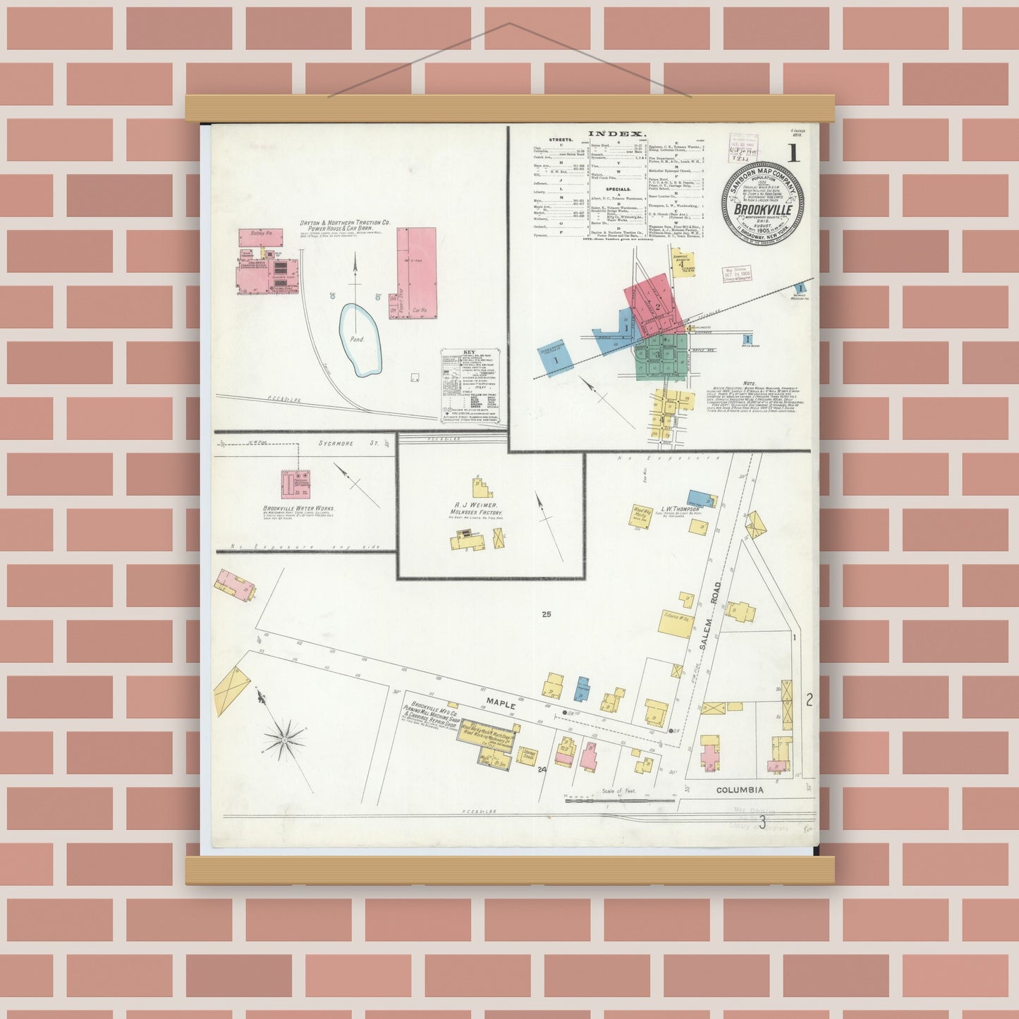 Old map wall art mockup — magnetic wood frame on brick wall — Sanborn Fire Insurance Map from Brookville, Montgomery County, Ohio (1905), Sheet #0001