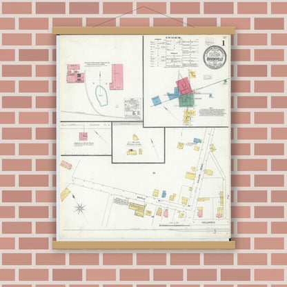 Old map wall art mockup — magnetic wood frame on brick wall — Sanborn Fire Insurance Map from Brookville, Montgomery County, Ohio (1905), Sheet #0001