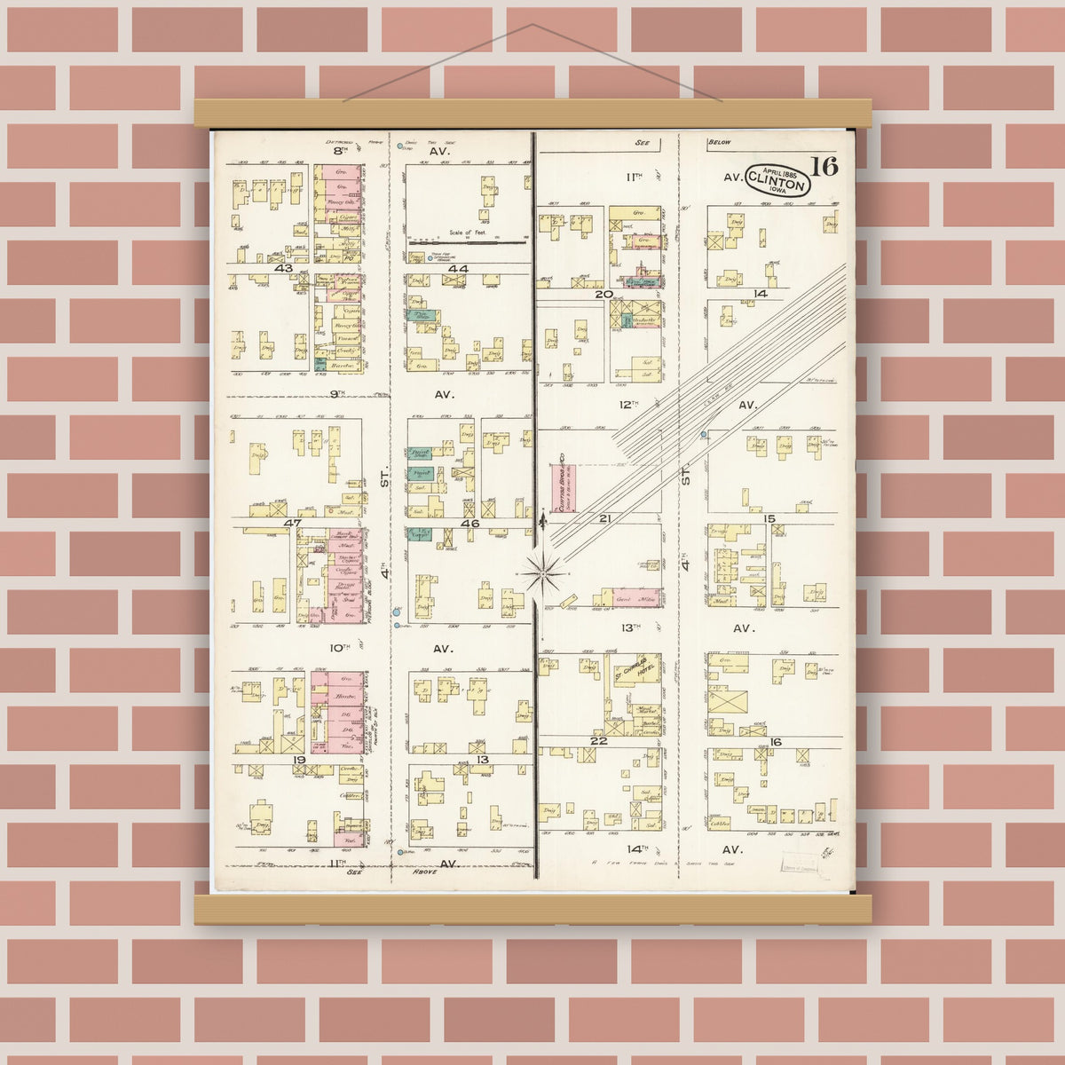 Old map wall art mockup — magnetic wood frame on brick wall — Sanborn Fire Insurance Map from Clinton, Clinton County, Iowa (1885), Sheet #0016