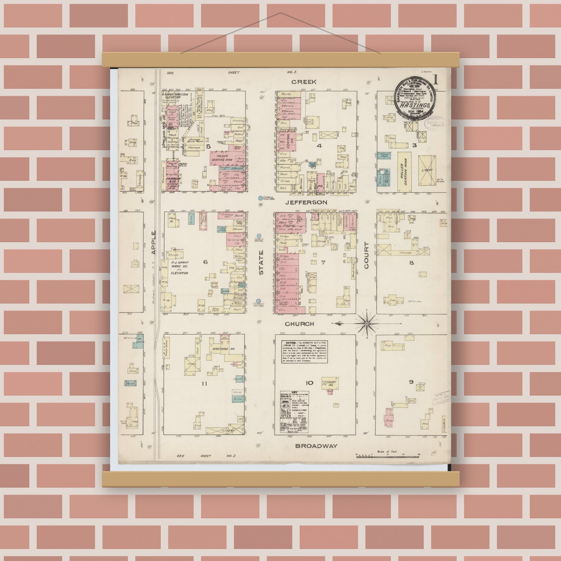 Old map wall art mockup — magnetic wood frame on brick wall — Sanborn Fire Insurance Map from Hastings, Barry County, Michigan (1884) - Complete Map Set