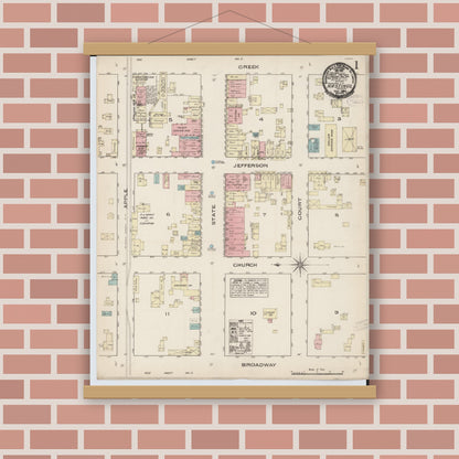 Old map wall art mockup — magnetic wood frame on brick wall — Sanborn Fire Insurance Map from Hastings, Barry County, Michigan (1884) - Complete Map Set