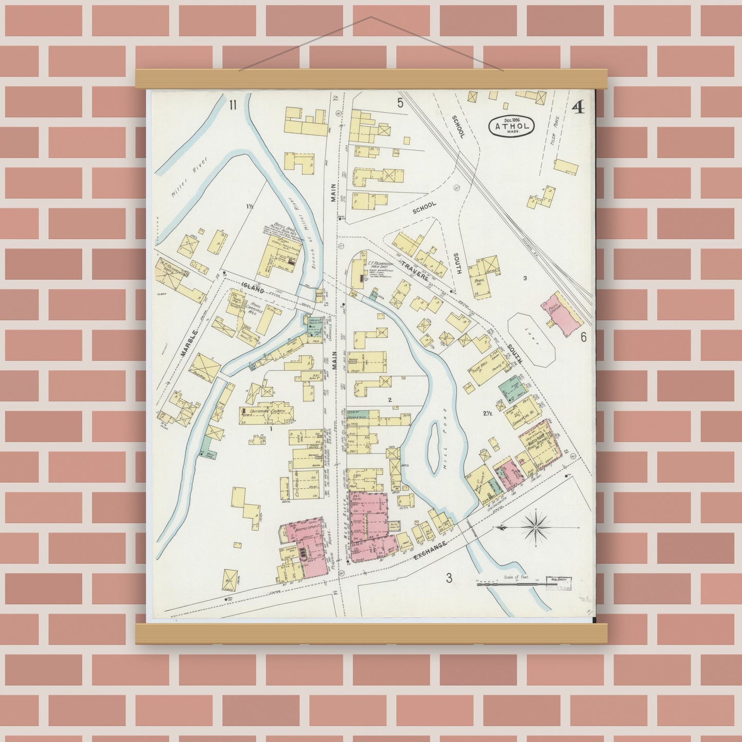 Old map wall art mockup — magnetic wood frame on brick wall — Sanborn Fire Insurance Map from Athol, Worcester County, Massachusetts (1896), Sheet #0004