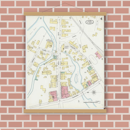 Old map wall art mockup — magnetic wood frame on brick wall — Sanborn Fire Insurance Map from Athol, Worcester County, Massachusetts (1896), Sheet #0004