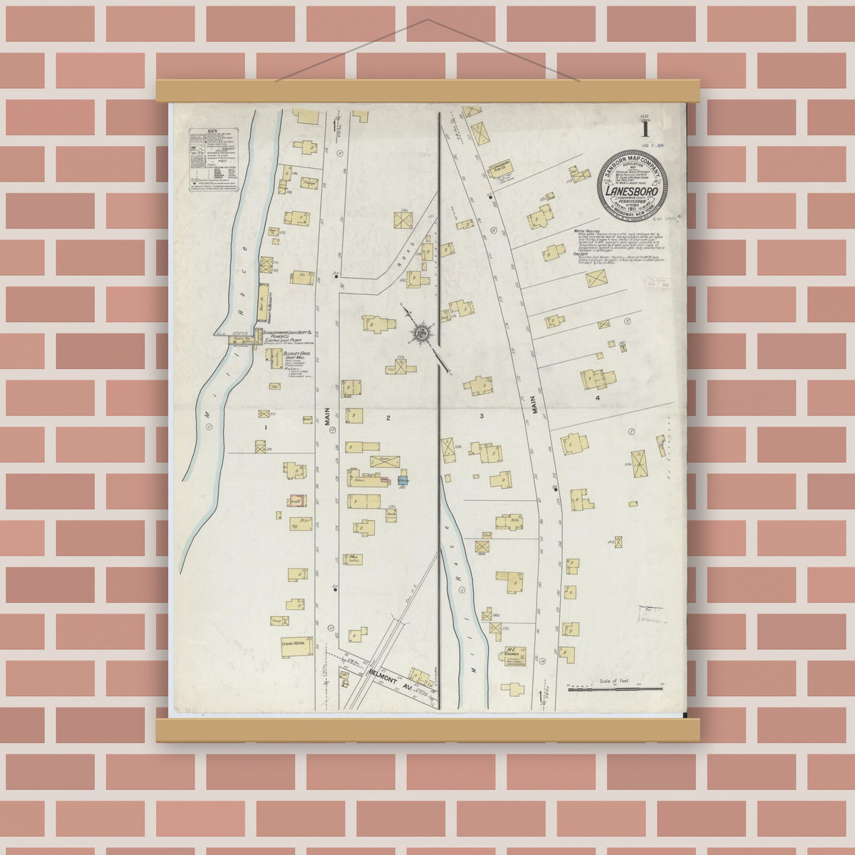 Old map wall art mockup — magnetic wood frame on brick wall — Sanborn Fire Insurance Map from Lanesboro, Susquehanna County, Pennsylvania (1911) - Complete Map Set