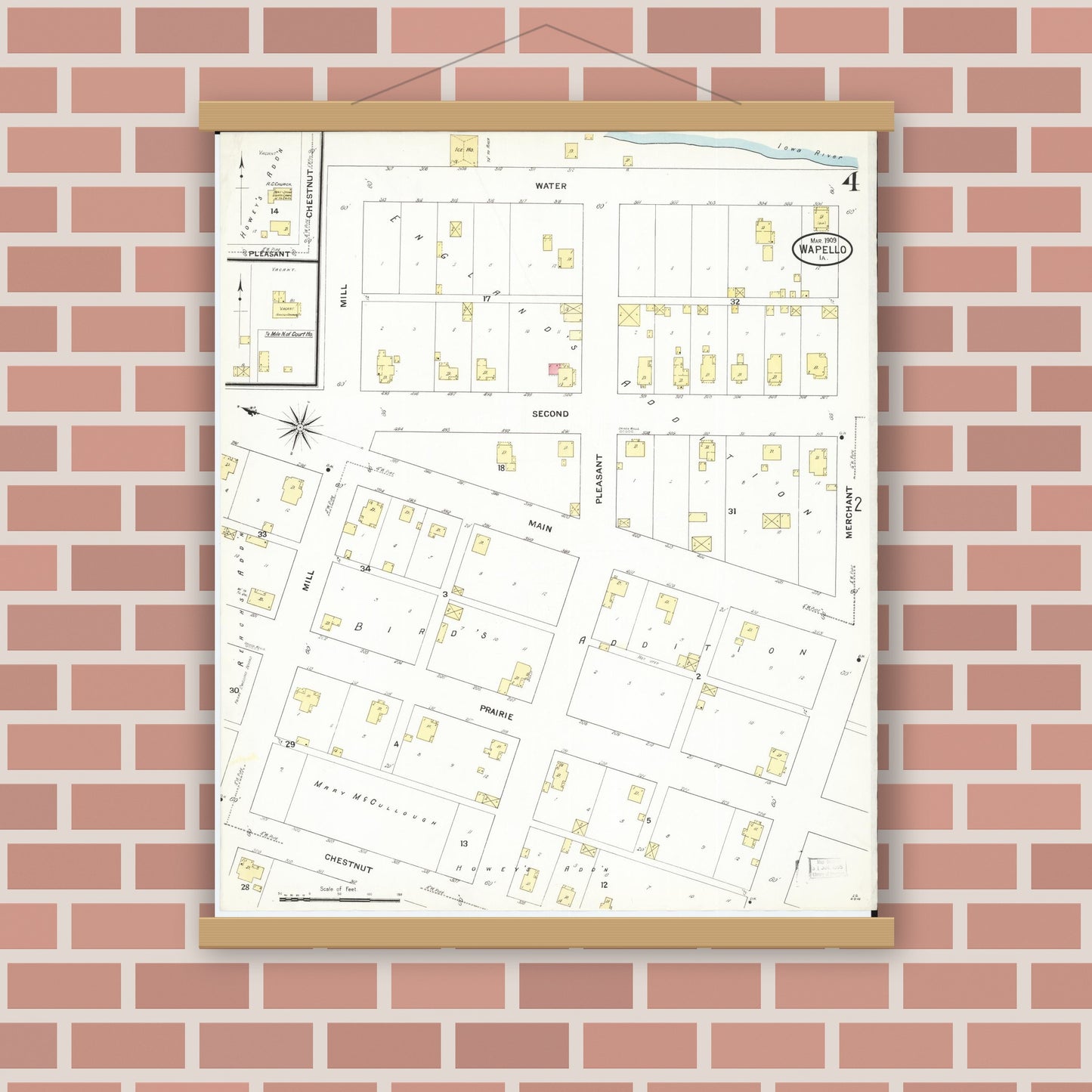 Old map wall art mockup — magnetic wood frame on brick wall — Sanborn Fire Insurance Map from Wapello, Louisa County, Iowa (1909), Sheet #0004