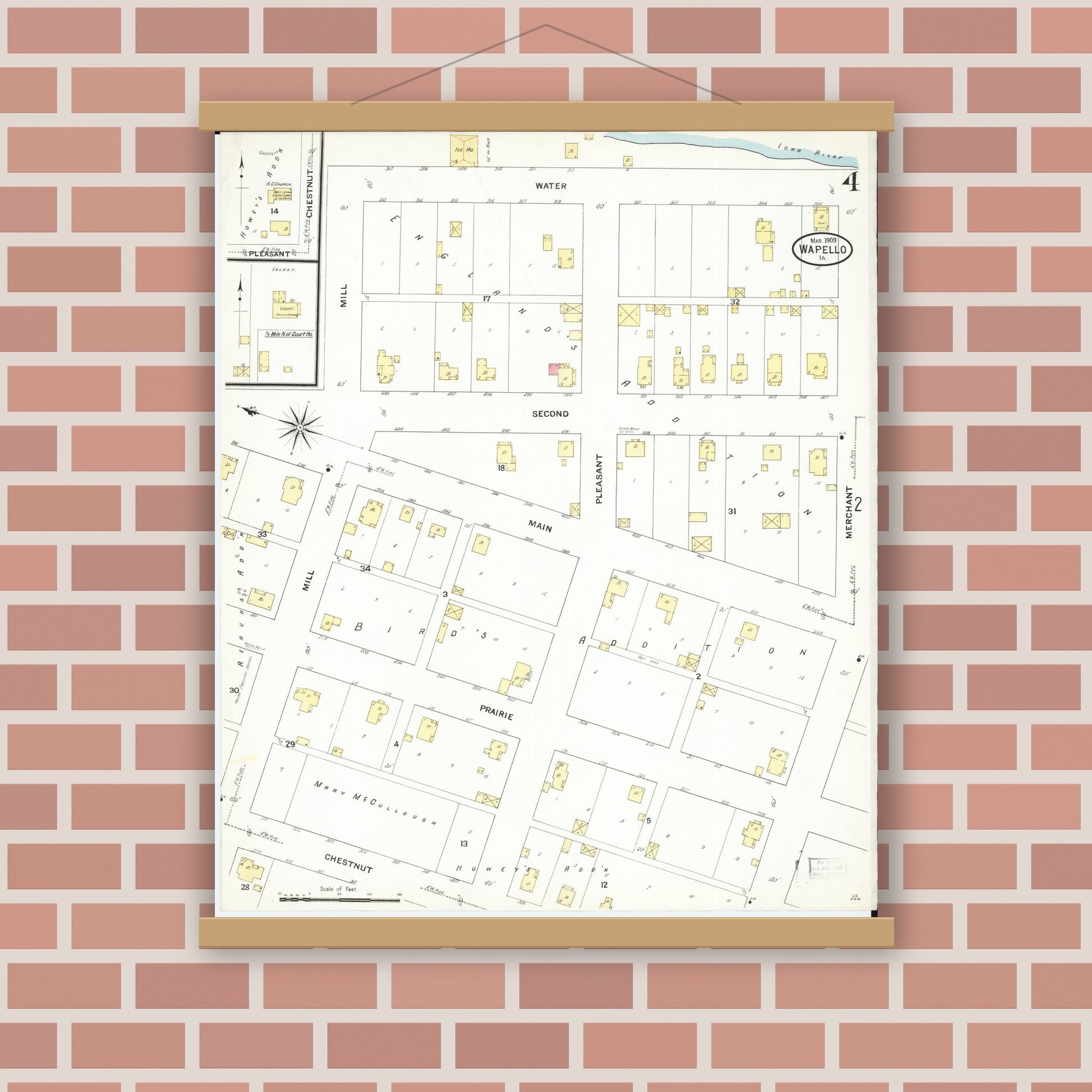 Old map wall art mockup — magnetic wood frame on brick wall — Sanborn Fire Insurance Map from Wapello, Louisa County, Iowa (1909), Sheet #0004