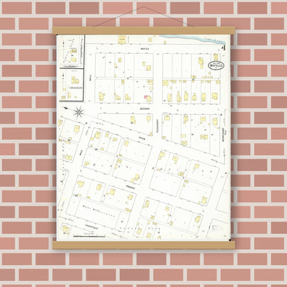 Old map wall art mockup — magnetic wood frame on brick wall — Sanborn Fire Insurance Map from Wapello, Louisa County, Iowa (1909), Sheet #0004