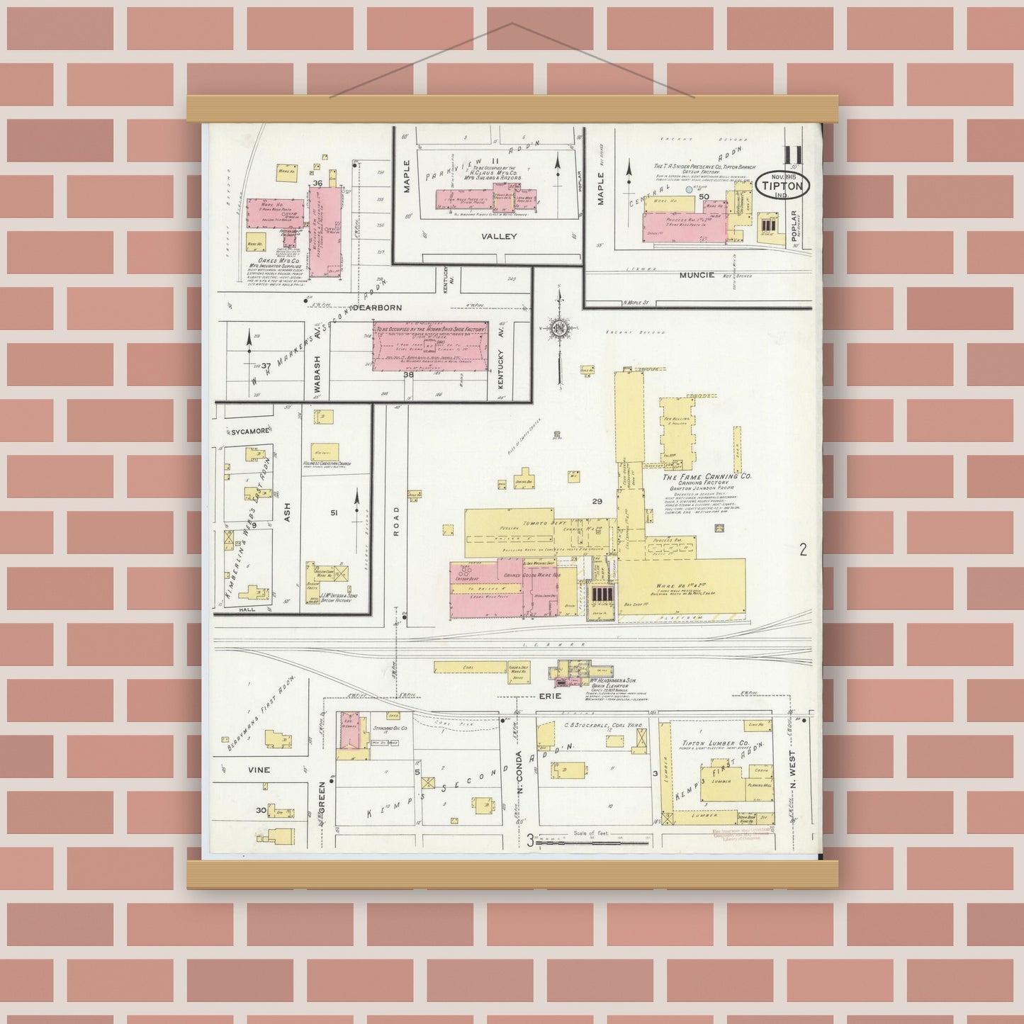 Old map wall art mockup — magnetic wood frame on brick wall — Sanborn Fire Insurance Map from Tipton, Tipton County, Indiana (1915), Sheet #0011