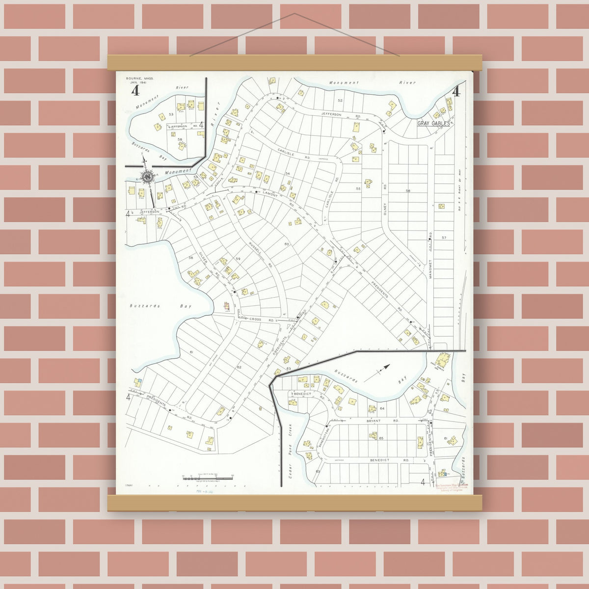 Old map wall art mockup — magnetic wood frame on brick wall — Sanborn Fire Insurance Map from Bourne, Barnstable County, Massachusetts (1941), Sheet #0004